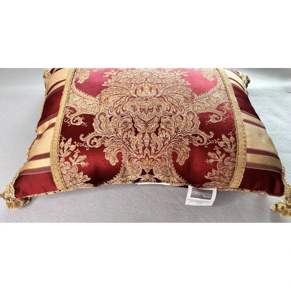 Luxury Croscill Carlisle Throw Pillow Red Gold Damask Stripe Tassels 20